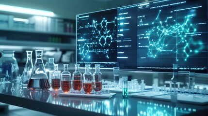 Poster - A futuristic representation of AI-driven drug formulation, with holographic screens displaying molecular simulations.