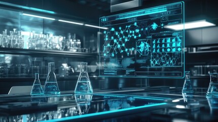 Poster - A futuristic representation of AI-driven drug formulation, with holographic screens displaying molecular simulations.