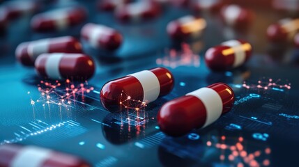 Poster - A futuristic representation of AI-driven drug formulation, with holographic screens displaying molecular simulations.