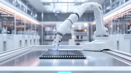 Poster - A high-resolution close-up of a robotic arm placing microchips on a circuit board in a cleanroom.