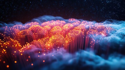 Poster - A labyrinthine array of brightly glowing fiber-optic threads forming an intricate 3D neural network