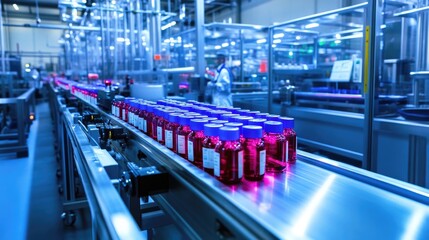Poster - A high-tech pharmaceutical production facility with automated conveyor belts moving medicine bottles under blue neon lighting.