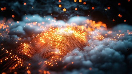 Poster - A labyrinthine array of brightly glowing fiber-optic threads forming an intricate 3D neural network