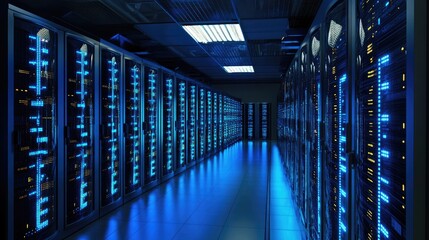 Poster - A modern server farm filled with neatly arranged rows of electronic servers glowing with blue LED lights.
