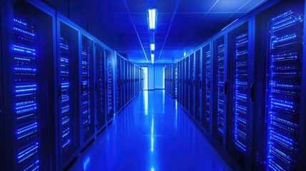 Poster - A modern server farm filled with neatly arranged rows of electronic servers glowing with blue LED lights.