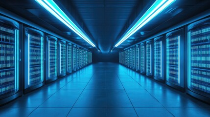 Poster - A modern server farm filled with neatly arranged rows of electronic servers glowing with blue LED lights.