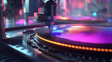 Poster - A robotic quality control system analyzing semiconductor wafers for defects in a clean lab.