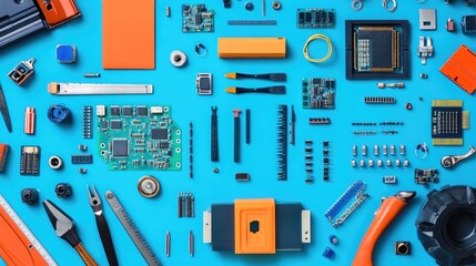 Poster - A top-down view of an organized electronics workstation with tools and tiny components.