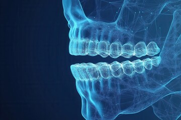 Aufkleber - Clean blue gradient background featuring a stylized wireframe dental arch and braces with a soft glow for a professional dental presentation