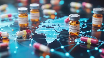 Poster - A visual representation of global pharmaceutical trade, featuring medicine bottles and world map connections.