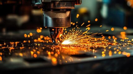 Poster - Close-up of a CNC machine cutting through metal, producing bright orange sparks in a dimly lit workshop.