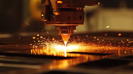 Poster - Close-up of a CNC machine cutting through metal, producing bright orange sparks in a dimly lit workshop.