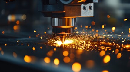 Poster - Close-up of a CNC machine cutting through metal, producing bright orange sparks in a dimly lit workshop.