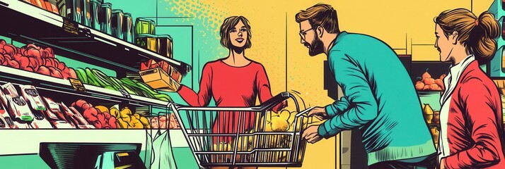 Aufkleber - People enjoying grocery shopping and selecting items for delivery in a vibrant comic book-style illustration with bold lines and halftone textures