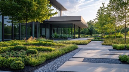 Aufkleber - Beautifully landscaped garden with vibrant flowers and modern architecture in a serene outdoor setting during sunny weather