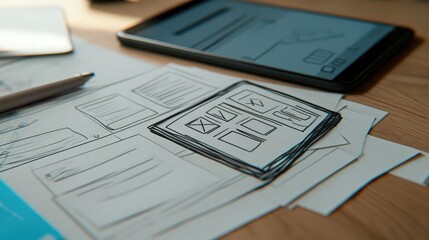 Poster - Close-up of hand-drawn mobile app wireframe next to smartphone on wooden table.