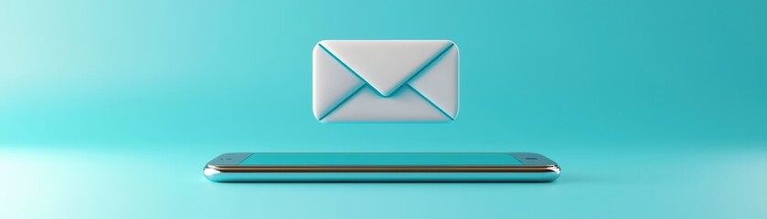 Poster - Large 3D Digital Mail Icon Floating Above a Smartphone on a Turquoise Background