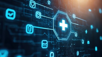 Poster - 3D Digital Medical Innovation Concept with Healthcare Icons on Screen Showing Advanced Technology