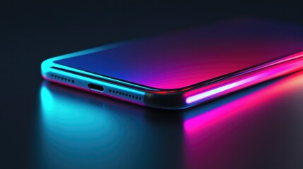 Poster - Elegant smartphone with slim bezels resting on a reflective black surface with neon lights.