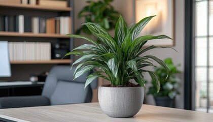 Poster - Bright and airy interior space featuring a green plant, wooden desk, and soft sunlight streaming through large windows in a modern room