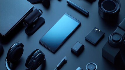 Poster - Flat lay of a smartphone with an edge-to-edge display, surrounded by accessories on a desk.