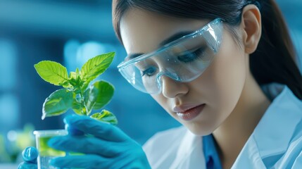 Poster - scientist in laboratory examining plant samples for biotechnology research and innovation