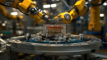 Poster - Fully automated electronics production line with robotic arms working in perfect sync.