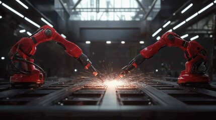 Poster - Futuristic robotic arms welding metal frames with sparks flying in a smart manufacturing plant.