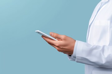 Poster - Professional Hand Holding Smartphone in Modern Corporate Business Concept on Blue Background