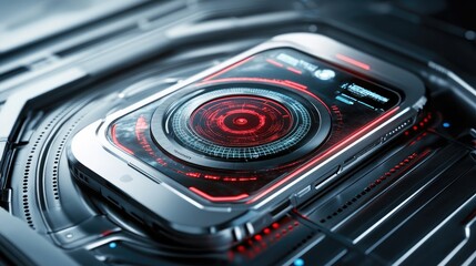Poster - Futuristic smartphone with holographic display concept, placed on a sleek metallic surface.