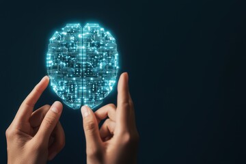 Poster - Innovative Mind Concept with Hands Touching Digital Brain Visualizing Cutting Edge Technology