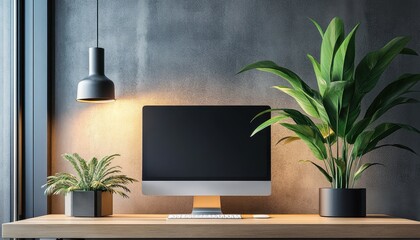 Poster - Bright and airy interior space featuring a green plant, wooden desk, and soft sunlight streaming through large windows in a modern room