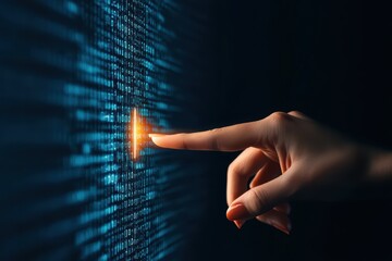 Poster - Data Driven Growth Concept Businesswoman Hand Interacting with Digital Binary Code Matrix