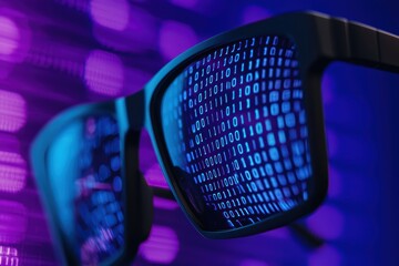 Poster - Cybersecurity Concept with Reflective Glasses Displaying Binary Code in Blue and Purple Colors