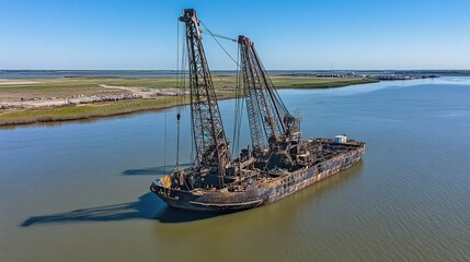 Poster - Heavy-duty crane barge floating on water, lifting a massive steel structure at a port.