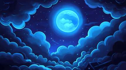 Wall Mural - Dark sky concept. a captivating blue moon shining through dark, moody clouds at night. Moonlit Vapors. Illustration