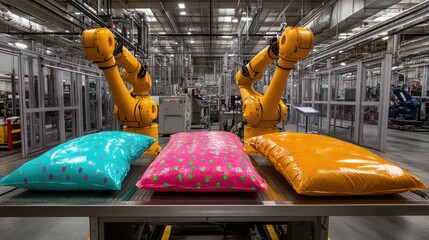 Poster - High-speed robotic arms packaging colorful snack bags in a food processing plant.