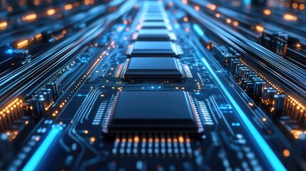 Poster - High-speed robotic conveyor transporting microchips through a sterile electronics manufacturing facility.