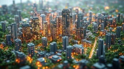 Poster - A vibrant city skyline showcases towering skyscrapers and warm lights as dusk sets in. Green spaces intermingle with buildings, creating a unique urban panorama.