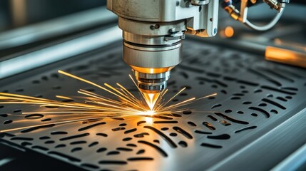 Poster - High-tech industrial laser cutting machine slicing detailed patterns into metal sheets.