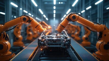 Poster - High-tech robotic arms assembling car chassis in a modern automotive manufacturing facility.