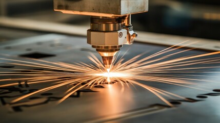Poster - High-tech industrial laser cutting machine slicing detailed patterns into metal sheets.