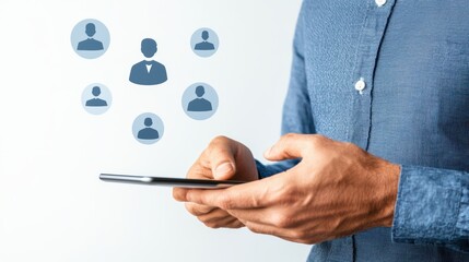 Poster - Person Holding Smartphone with Employee Profile Management Concept and Digital Network Icons