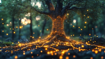 Poster - A majestic tree with intricate roots glows softly with warm lights, surrounded by lush greenery in a tranquil forest at twilight. The atmosphere feels magical and inviting.
