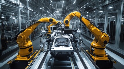 Poster - Industrial robotic arms assembling precision automotive engines in a cutting-edge smart factory.