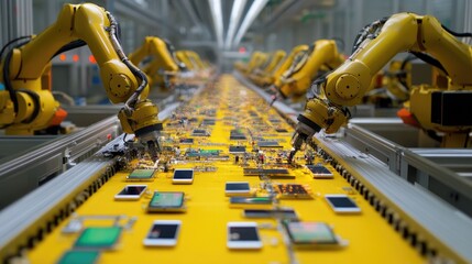 Poster - Industrial robotic arms assembling smartphones in a state-of-the-art electronics factory.