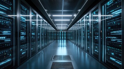 Poster - Interior of a high-tech data center, featuring rows of illuminated server racks and intricate cooling systems.