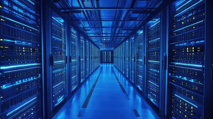 Poster - Interior of a high-tech data center, featuring rows of illuminated server racks and intricate cooling systems.