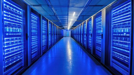 Poster - Interior of a high-tech data center, featuring rows of illuminated server racks and intricate cooling systems.
