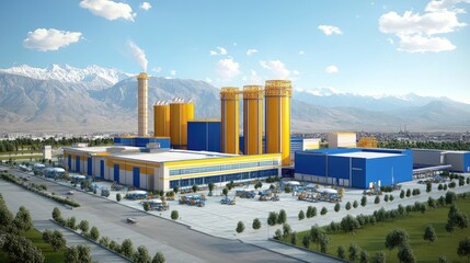 Poster - Large-scale chemical fertilizer production plant with interconnected processing towers.
